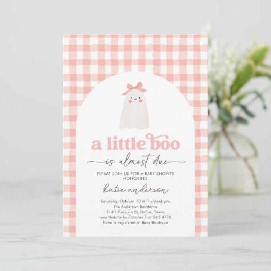 Pink Gingham Little Boo Ghost Baby Dusche Einladung (Stehend Vorderseite)