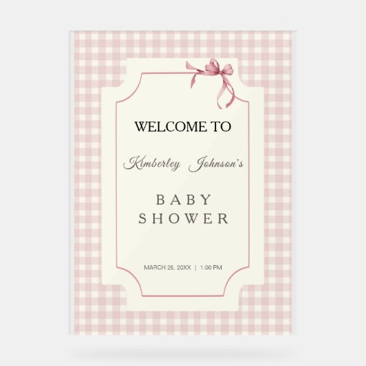Pink Gingham mit Bow Baby Dusche Acrylschild (Vorderseite)