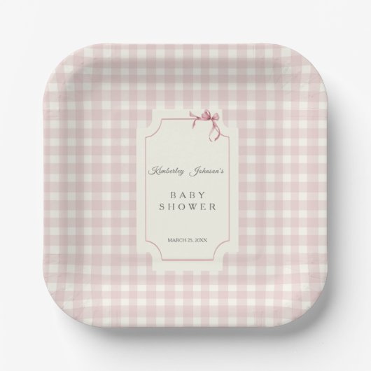 Pink Gingham mit Bow Baby Dusche Pappteller (Vorderseite)