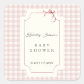 Pink Gingham mit Bow Baby Dusche Quadratischer Aufkleber (Vorderseite)