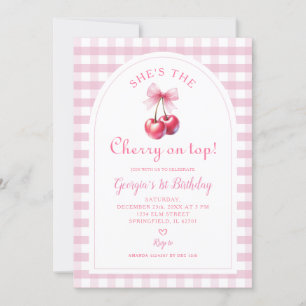 Pink Gingham mit Bow She's Cherry am Top Birthday Einladung