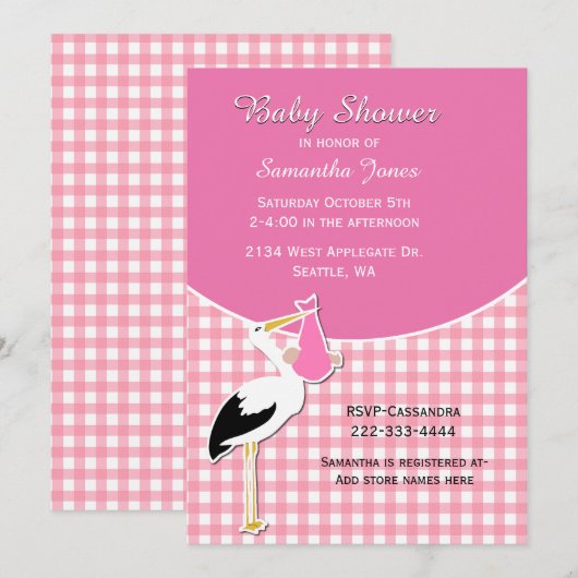 Pink Gingham mit Stork Baby Shower Einladung (Vorne/Hinten)