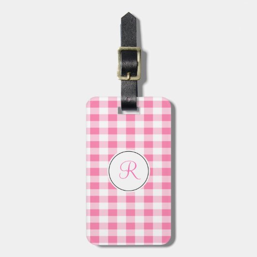 Pink Gingham Monogram Gepäckanhänger (Vorderseite vertikal)
