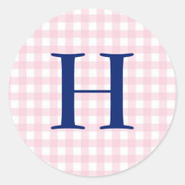 Pink Gingham Monogram Runder Aufkleber