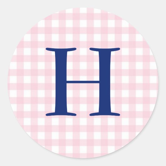 Pink Gingham Monogram Runder Aufkleber (Vorderseite)