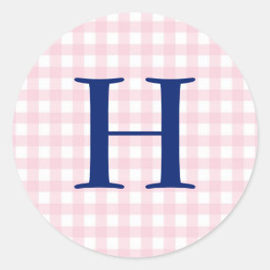 Pink Gingham Monogram Runder Aufkleber