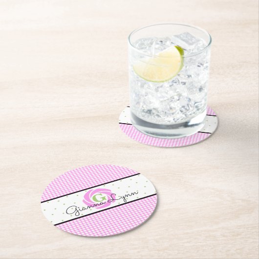Pink Gingham Monogram Runder Pappuntersetzer (Vor Ort)