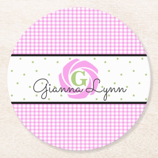Pink Gingham Monogram Runder Pappuntersetzer (Vorderseite)
