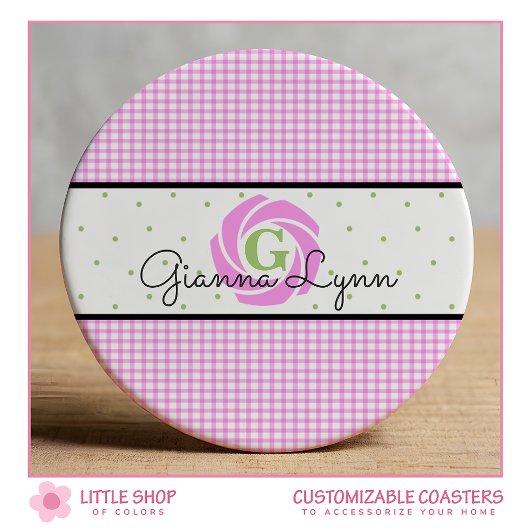 Pink Gingham Monogram Runder Pappuntersetzer