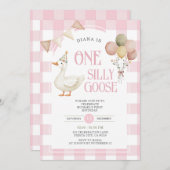PINK Gingham One Albern Goose Birthday Balloon Einladung (Vorne/Hinten)