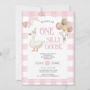 PINK Gingham One Albern Goose Birthday Balloon Einladung