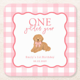 Pink Gingham One Golden Year Girls First Birthday Rechteckiger Pappuntersetzer