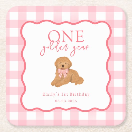 Pink Gingham One Golden Year Girls First Birthday Rechteckiger Pappuntersetzer (Vorderseite)