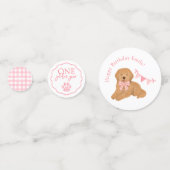 Pink Gingham One Golden Year Puppy Birthday Table Konfetti (Vorderseiten)