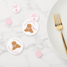 Pink Gingham One Golden Year Puppy Birthday Table Konfetti