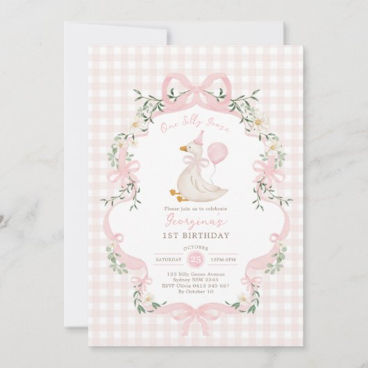 Pink Gingham One Silly Goose Balloon Girl Birthday Einladung (Vorderseite)