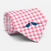 Pink Gingham Pattern Blue Love Birds Grooms Krawat Krawatte (Gerollt)