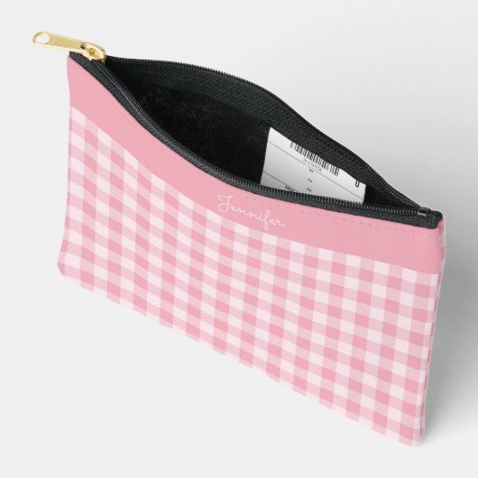 Pink Gingham Pattern Girly Checkered Plaid Name Zubehörtasche (Offen)
