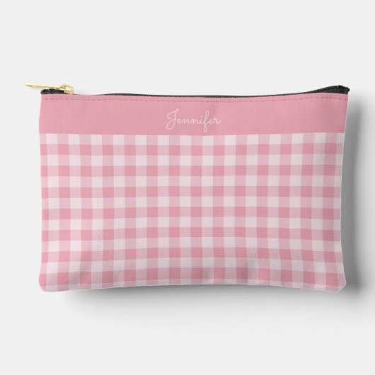 Pink Gingham Pattern Girly Checkered Plaid Name Zubehörtasche (Vorderseite)