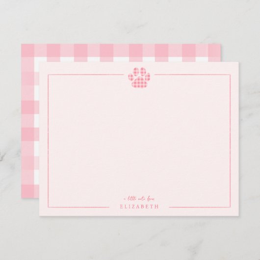 Pink Gingham Paw Print Baby Kinder Personalisiert Mitteilungskarte (Vorne/Hinten)