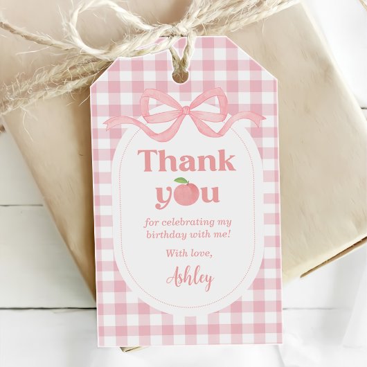 Pink Gingham Peach Erster Geburtstag Geschenkanhänger