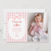 Pink Gingham Peach First Birthday Foto Dankeskarte (Vorderseite)