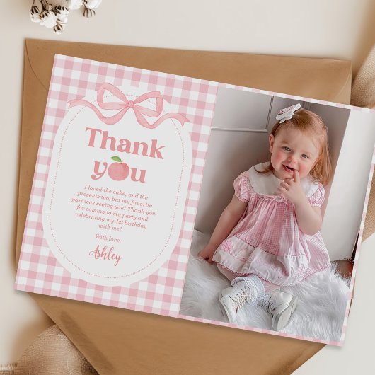 Pink Gingham Peach First Birthday Foto Dankeskarte