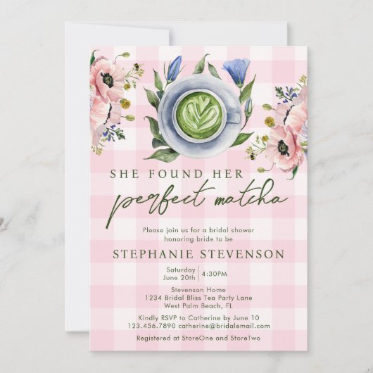 Pink Gingham Perfect Matcha Themed Brautparty Einladung (Vorderseite)