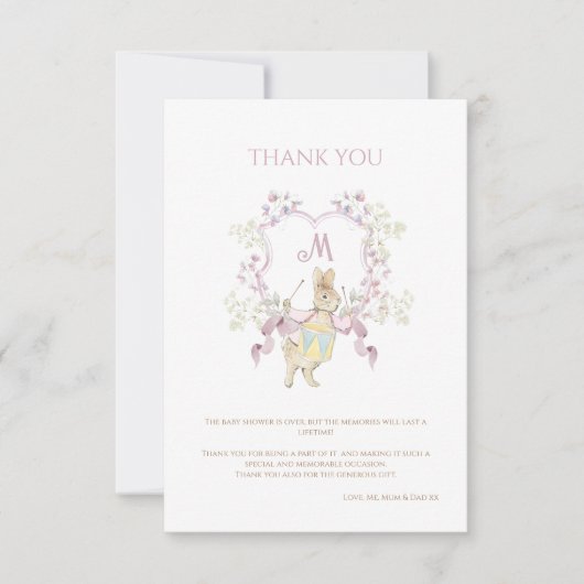 Pink Gingham Peter die Rabbit Monogram Baby Dusche Dankeskarte (Vorderseite)