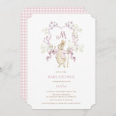 Pink Gingham Peter die Rabbit Monogram Baby Dusche Einladung (Vorne/Hinten)