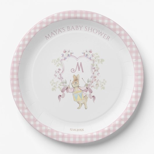 Pink Gingham Peter die Rabbit Monogram Baby Dusche Pappteller (Vorderseite)