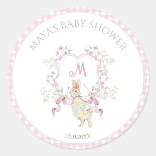 Pink Gingham Peter die Rabbit Monogram Baby Dusche Runder Aufkleber (Vorderseite)