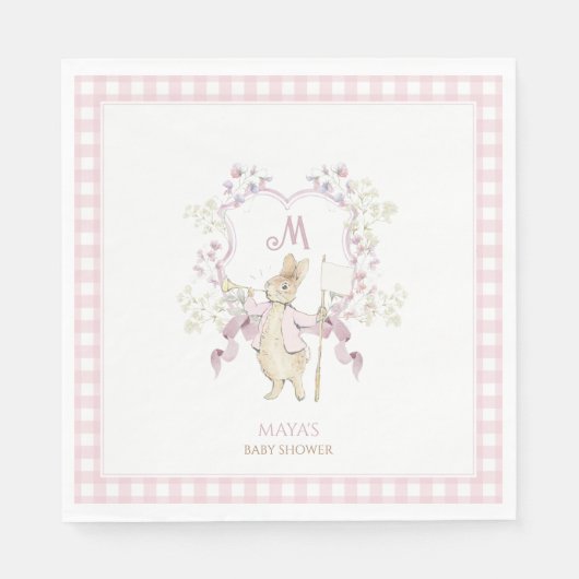 Pink Gingham Peter die Rabbit Monogram Baby Dusche Serviette (Vorderseite)
