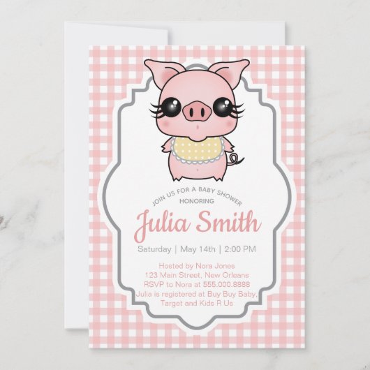 Pink Gingham Piggy Baby Dusche Einladung (Vorderseite)