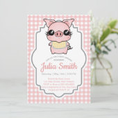 Pink Gingham Piggy Baby Dusche Einladung (Stehend Vorderseite)