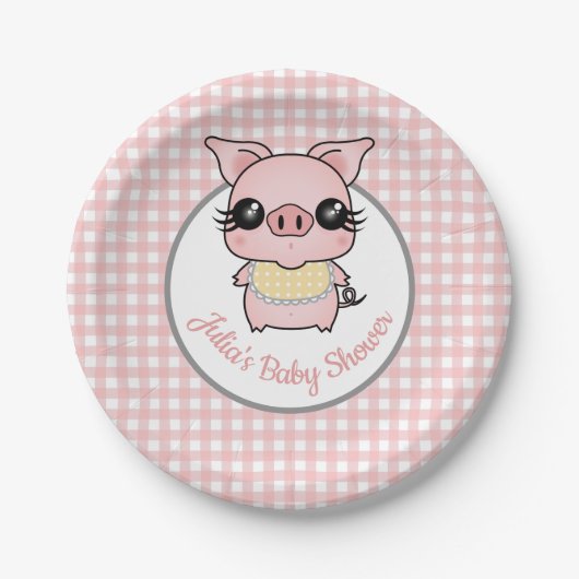 Pink Gingham Piggy Baby Dusche Pappteller (Vorderseite)