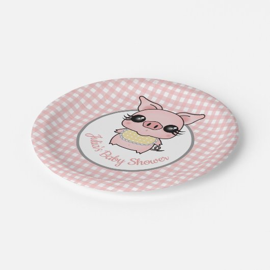 Pink Gingham Piggy Baby Dusche Pappteller (Schrägansicht)