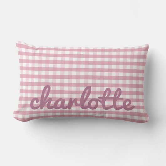 Pink Gingham Pillow mit Name in Script Schriftart Lendenkissen (Vorderseite)