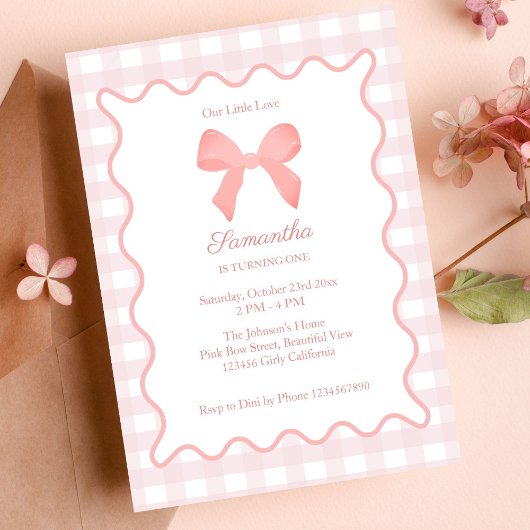 Pink Gingham Pink Bow Birthday Einladung