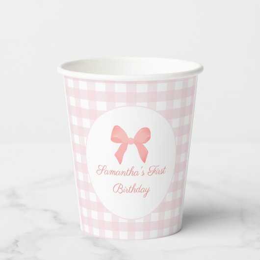 Pink Gingham Pink Bow Birthday Pappbecher (Rückseite)