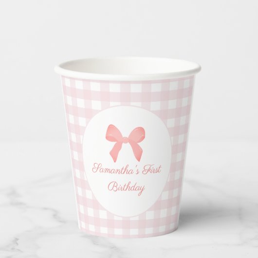 Pink Gingham Pink Bow Birthday Pappbecher (Vorderseite)