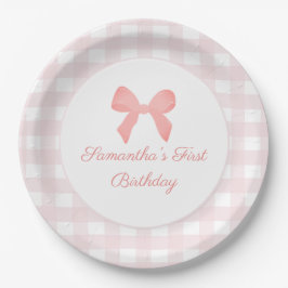 Pink Gingham Pink Bow Birthday Pappteller