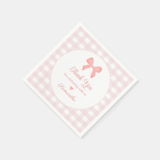 Pink Gingham Pink Bow Birthday Serviette (Ecke)