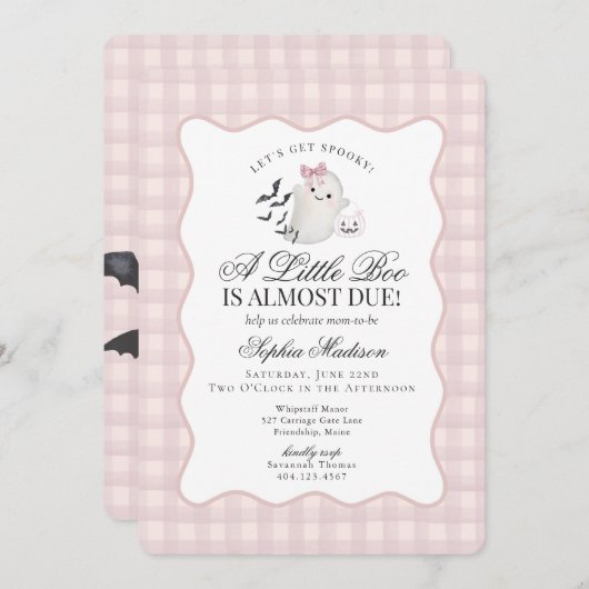 Pink Gingham Preppy Ghost Little Boo Baby Dusche Einladung (Vorne/Hinten)