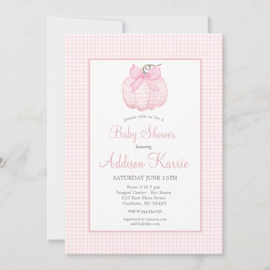 Pink Gingham Pumpkin Baby Dusche Einladung (Vorderseite)