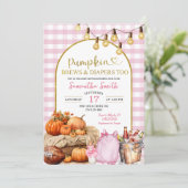 Pink Gingham Pumpkin Brews & Diapers Baby Dusche Einladung (Stehend Vorderseite)