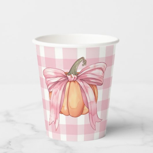 Pink Gingham Pumpkin mit einem Bow Pappbecher (Vorderseite)