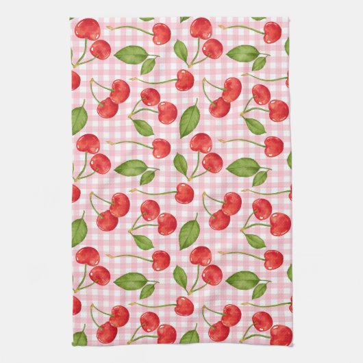 Pink Gingham & Red Cherries Picnic Geschirrtuch (Vertikal)
