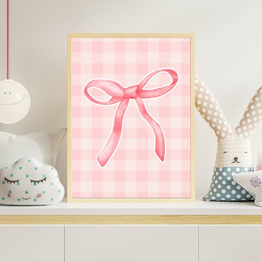 Pink Gingham Ribbon Bow Nursery Wall Art Baby Girl Poster