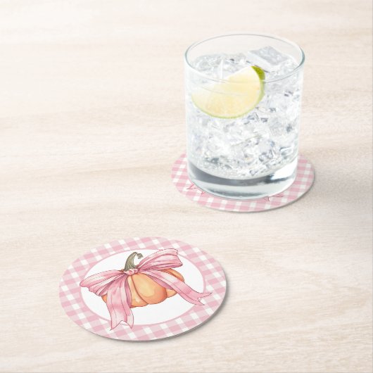 Pink Gingham Ribbon Pumpkin, Coquette Bow Runder Pappuntersetzer (Vor Ort)